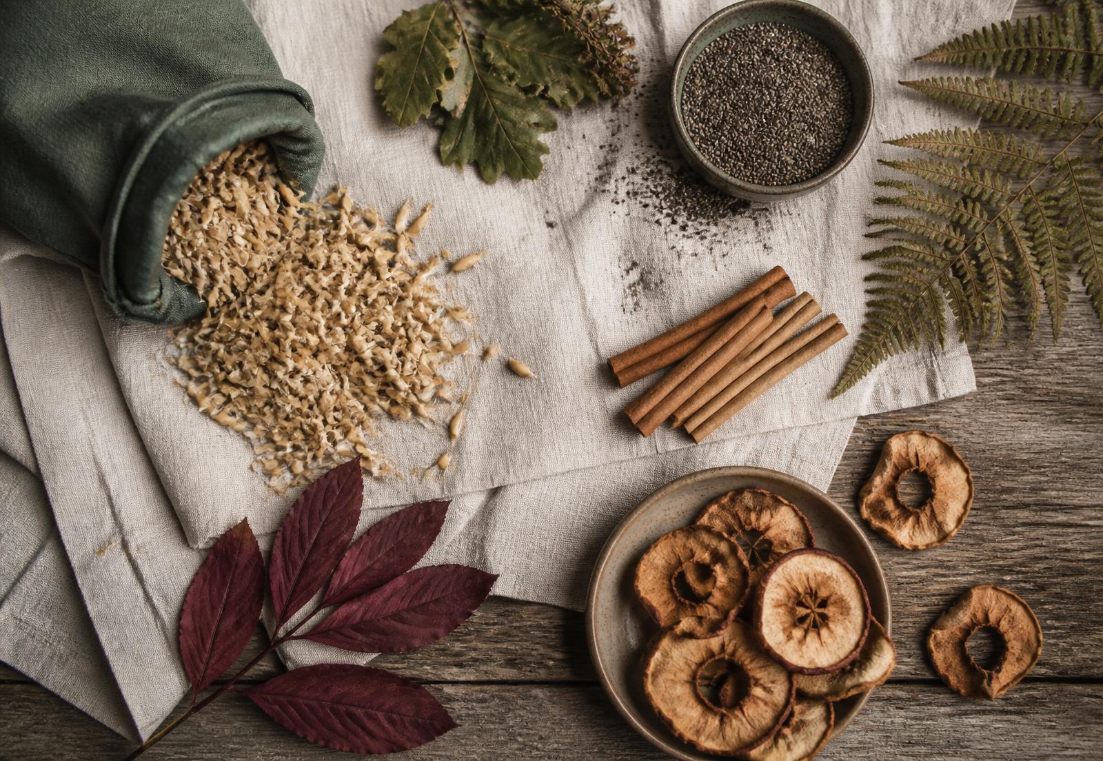 Flat lay of sprouted oats, cinnamon sticks, dried apple, and chia seeds